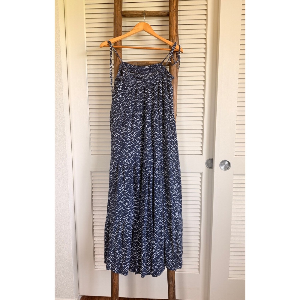 Express Maxi Dress Small Blue Polka Dot Tiered Tie Strap Smocked Rayon - Picture 2 of 5